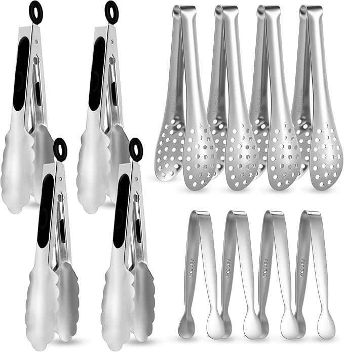 CHENGU 12 Pack Stainless Steel Kitchen Tongs 4/6/6 Inches Food Serving Clip Kitchen Cooking Tongs High Heat Resistant Clips for Cooking Non Stick Grill Salad (Gold, Diversity)