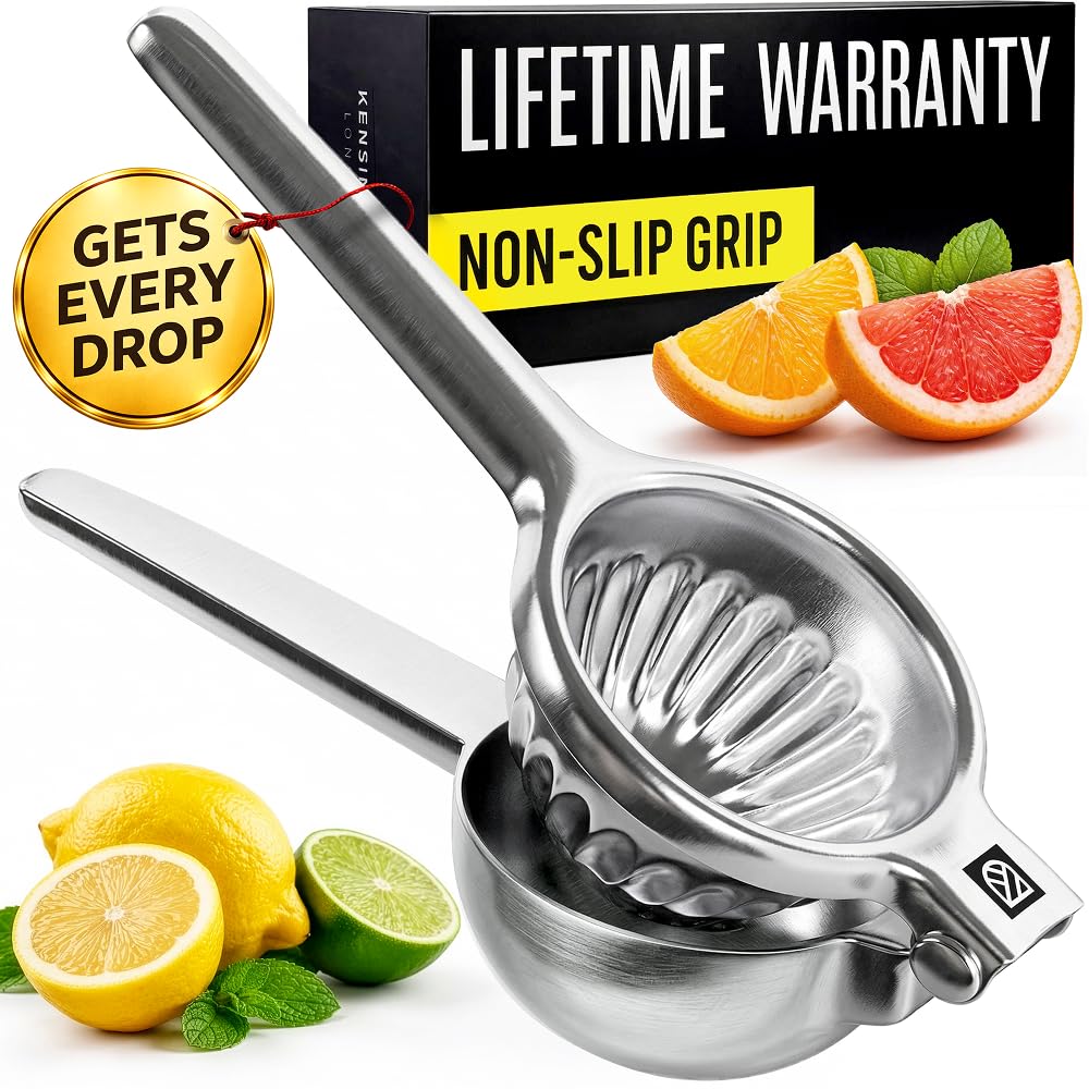 Stainless Steel Lemon Squeezer Press - No Seeds, Pro-Grade, Effortlessly Get Every Drop - Manual Non-Slip Grip Design - Lemon Lime Squeezer, Orange, and Citrus Fruit Hand Held Lemon Juicer Squeezer