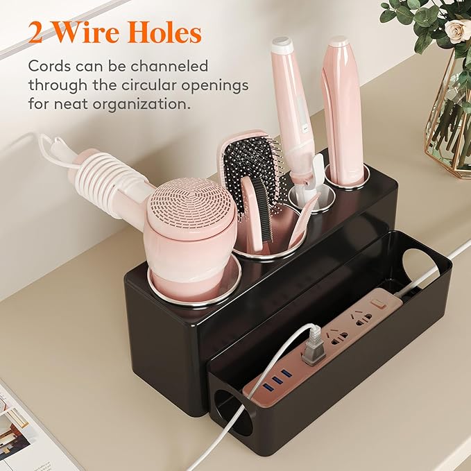 Lifewit Hair Tool Organizer Countertop, Removable Blow Dryer Holder for Bathroom, Acrylic Hot Tools Organizer Storage for Curling Iron, Brush, Straightener, 4 Stainless Cups, Black, 30 cm/12 inch(L)