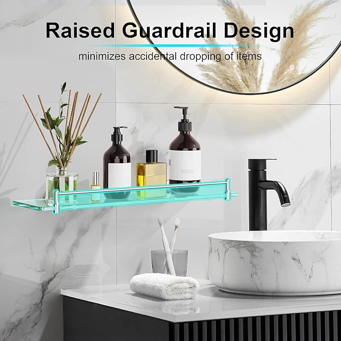 20 Inches Glass Shelves for Bathroom, Brushed Nickel Floating Glass Shelf Stainless Steel Tempered Glass Bathroom Shelves for Wall Mount Modern