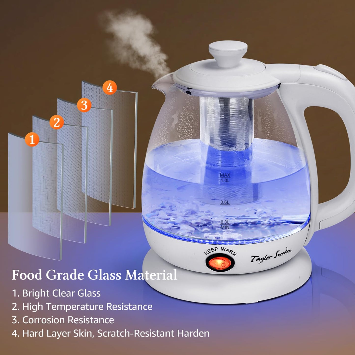 Taylor Swoden Electric Kettle With Tea Infuser, 1L, White