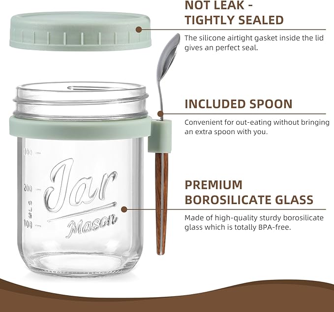 6 Pack Overnight Oats Containers with Lids and Spoons, 16 oz Glass Mason Overnight Oats Jars, Large Capacity Airtight Jars for Milk, Cereal, Fruit(Green)
