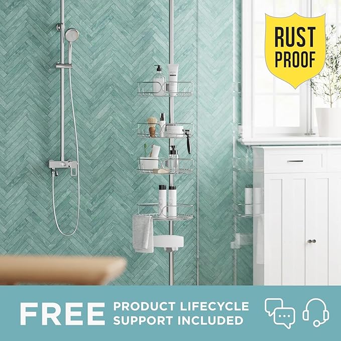 Zenna Home Tension Pole Shower Caddy Corner Organizer, Adjustable Standing Shower Caddy with 4 Shelves, Rustproof Bathroom Tension Rod Organizer, 60 to 108 Inch, Stainless Steel