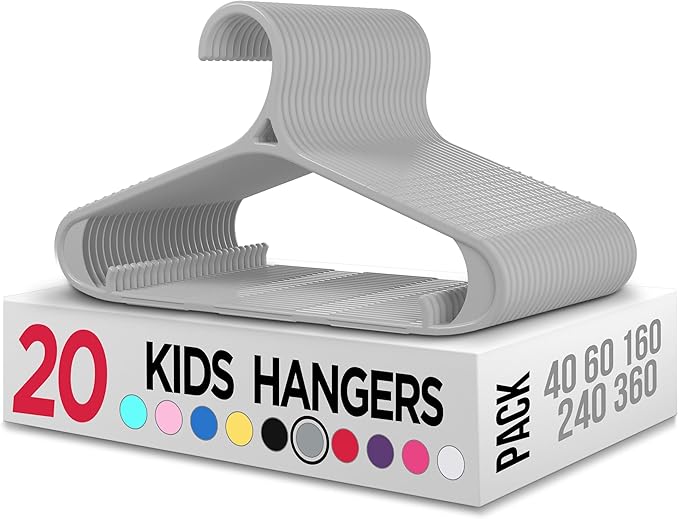 Utopia Home Kids Hangers 20 Pack - 11 Inch Plastic Baby Hangers for Closet - Childrens Hanger for Clothes & Infant Hanger for Closet - Non-Slip Shoulder Grooves, Strap Hooks & Pants Bar (Grey)
