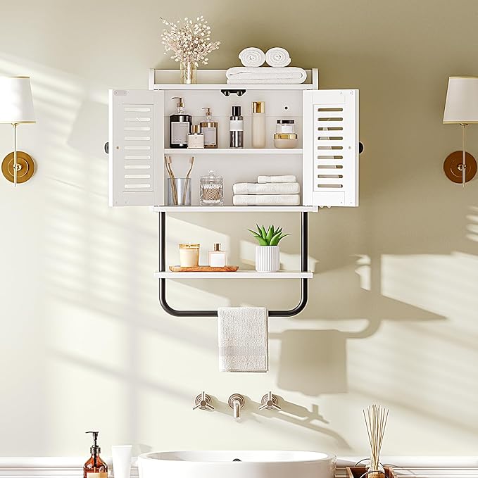 HOOBRO Medicine Cabinet, Double Doors Bathroom Wall Cabinet with Towel Bar, Adjustable Shelf, 2 Hooks, Over The Toilet Storage Cabinet, for Bedroom, Kitchen, White BW46CW01