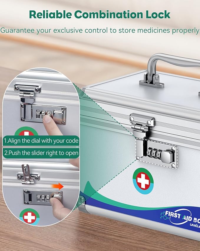 Uniclife Medicine Lock Box First Aid Box with Combination Lock & Handle Portable Medication Metal Lockable Medicine Storage Box Security Lock Box for Medications, 10" x 6" x 6.5"
