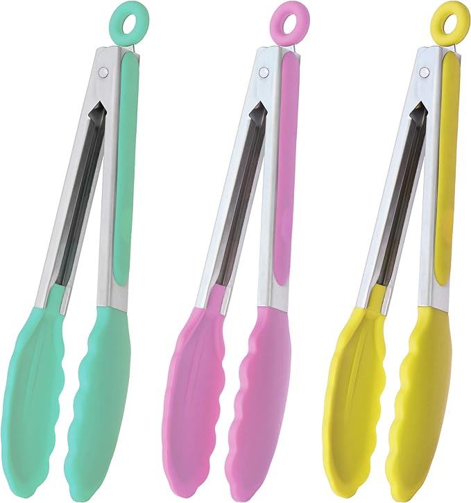 HINMAY Silicone Tipped Tongs 9" Kitchen Cooking Tongs, Set of 3 (Yellow)