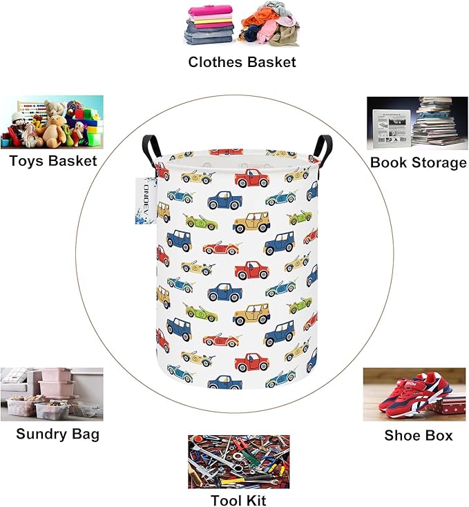Round Foldable Kids' Racing Cars Laundry Hamper Boys Gift Basket Vehicles Transportation Suitable For Home Decoration and Toy Storage(Car)