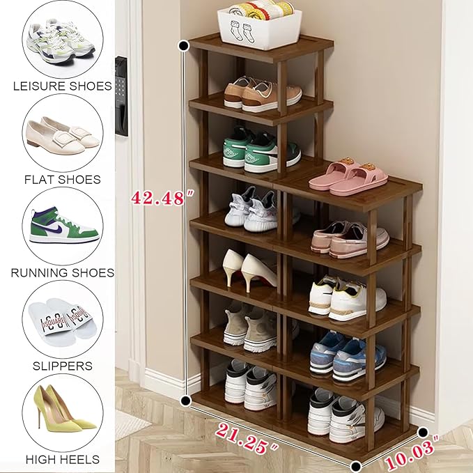 Vertical Shoe Rack-Tall Narrow Shoe Rack Organizer for Small Spaces,12Tier Bamboo Shoen Shelf for Entryway,Closet,Corner,Doorway,Skinny Shoe Shelf Space Saving Shoe storage,Free Stackable DIY