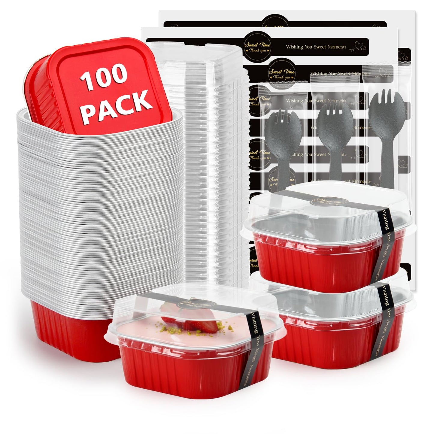 5oz 100pcs Mini Loaf Pans with Lids and Spoons,Square Black Gold Loaf Pans
