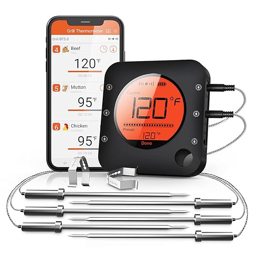 BFOUR Meat Thermometer Wireless Bluetooth, LCD Digital Meat Thermometer with Dual Probe, Wireless Remote BBQ Thermometer for Smoker Kitchen Cooking Grill Thermometer for Grilling BBQ Oven