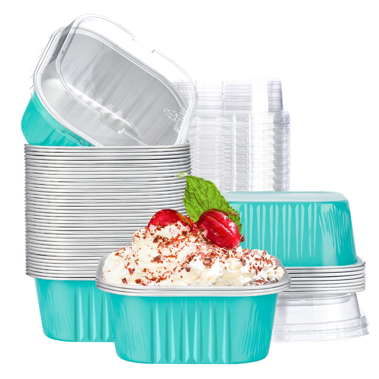 EUSOAR Creme Brulee Ramekins Disposable, 50pcs 10oz Cupcake Liners Foil Baking Cups with Lids, Aluminum Muffin Cups Square Dessert Wrappers Mini Cake Loaf Bread Pans for Wedding Birthday Party