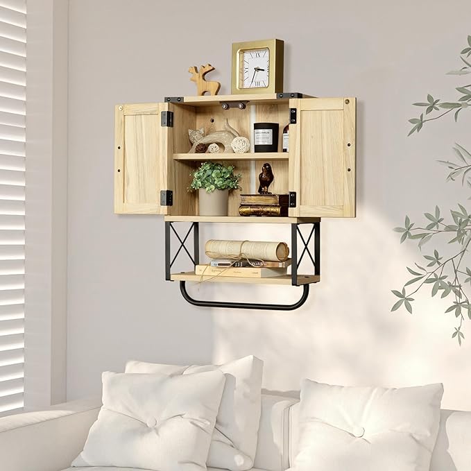 RUSTOWN Farmhouse Rustic Medicine Cabinet with Two Barn Door, Boho Wood Wall Mounted Storage Cabinet with Adjustable Shelf and Towel Bar, 3-Tier Cabinet for Bathroom, Living Room(Rattan)