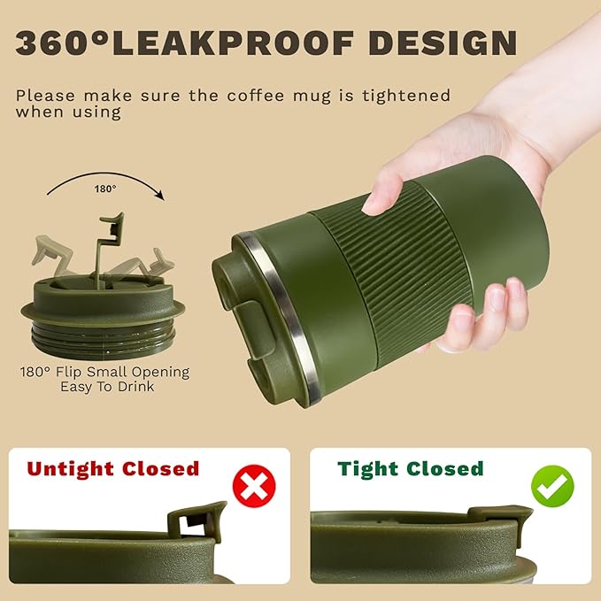 Vacuum-Insulated Stainless Steel Travel Coffee Mug, Leak-Proof Reusable Coffee Cup with Lid - Keep Hot & Cold Drinks for Hours, Durable Insulated Tumbler for Men & Women(3rd-Green, 12OZ)