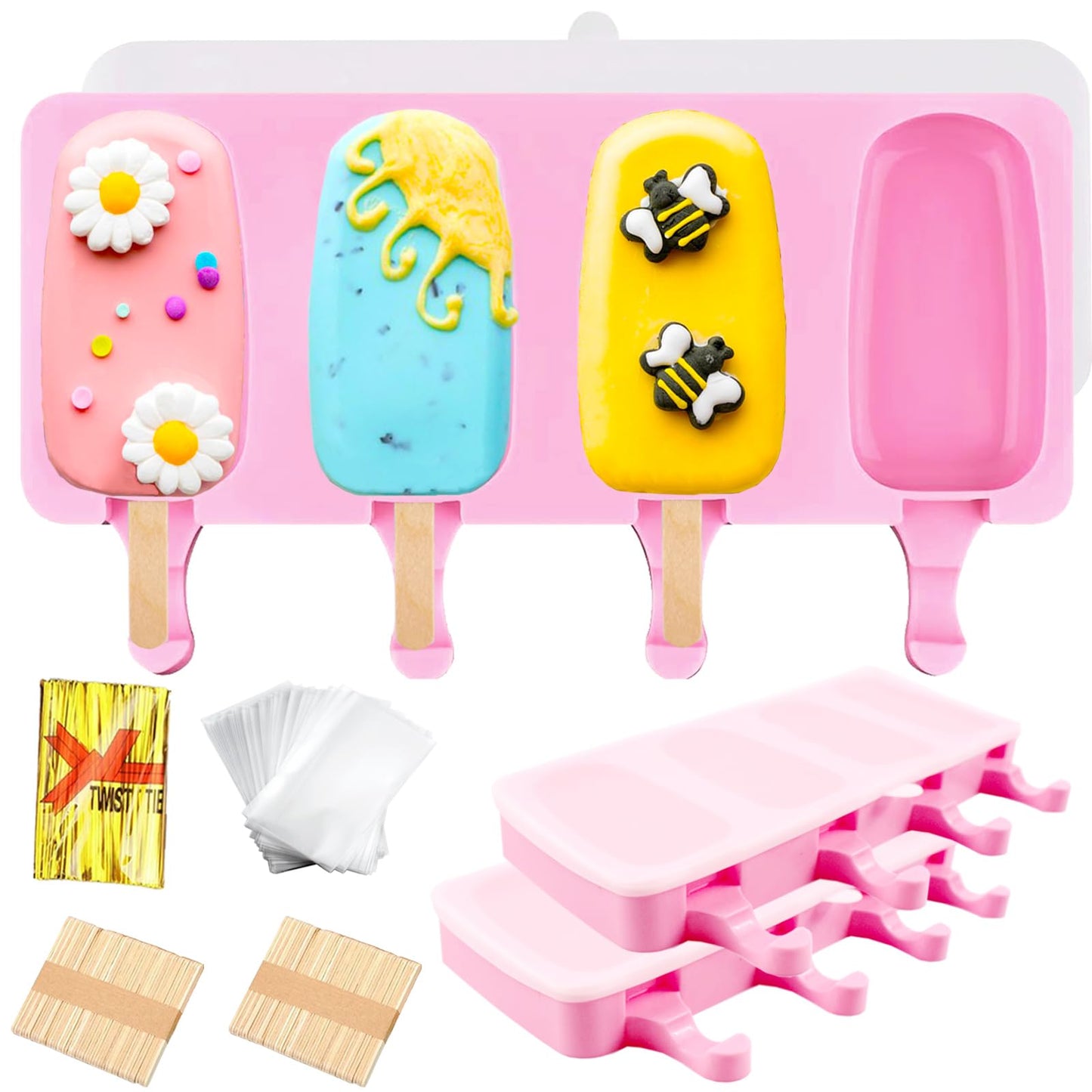 3pcs Cake Pop Molds, Silicone Popsicle Molds with Lids Ice Cream Bar Mold