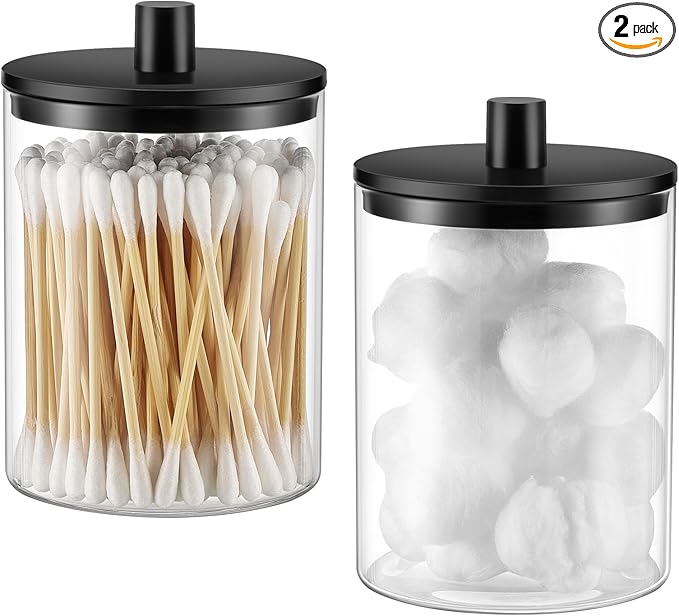 TIPGO Glass Qtip Holder Dispenser - 10 oz Clear Canister Apothecary Jar, Bathroom Vanity Storage Organizer Set for Cotton Swabs, Pads, Floss Picks, Small Containers for Makeup Storage (2 Pack, Black)