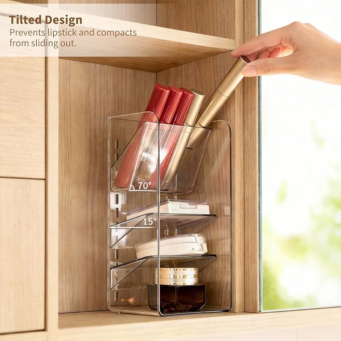 Medicine Cabinet Organizer with Adjustable Dividers, Clear Vertical Layered Backward Slanting Shelves for Makeup Brush/Lip Gloss/Mascara Storage (3-Tier Slant-Gentle Slant)