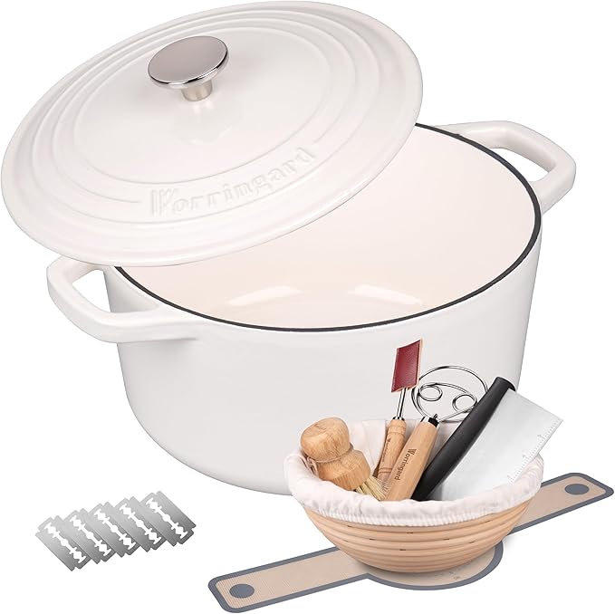 VORRINGARD Enameled Cast Iron Dutch Oven Pot with Lid, for Bread Baking, Round Bread Oven- include Sourdough Bread Baking Supplies Set, 4.5QT, Latte