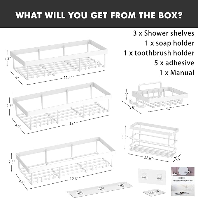 Moforoco Adhesive Shower Caddy Organizer Shelves Rack - 5 Pack Corner Bathroom Storage Organization, Home & Kitchen Decor Inside RV Accessories, Hanging First Apartment Household Camper Essentials