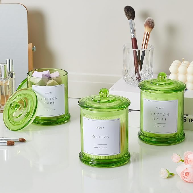 3 Pack Green Qtip Holder Dispenser, 16oz Bathroom Organizer and Storage Canisters, Glass Apothecary Jars with Lid - Home Decor, Room Decor Aesthetic