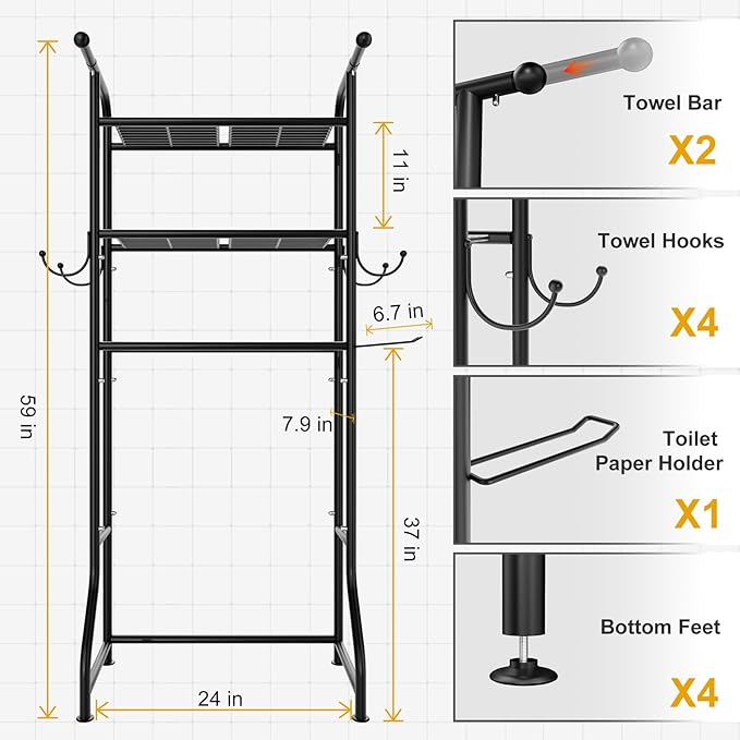 3-Tier Over The Toilet Storage Shelf，Bathroom Organizers and Storage Over Toilet，Metal Bathroom Space Saver with 2 Bars，1 Paper Holder and 4 Hooks,Black