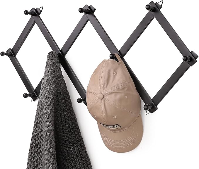 Wall Rack with 10 Hooks, Wooden Wall Expandable Coat Rack for Coat, Hats, Baseball Caps, Coffee Mug, Jewelry(Black)