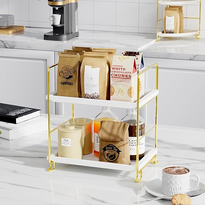 FSyueyun 2-Tier Bathroom Countertop Organizer, Tool-Less Premium Plastic Makeup Organizer - Bathroom Tray for Perfume, Skincare, Cosmetics on Dresser, or Bedroom(White and Gold)