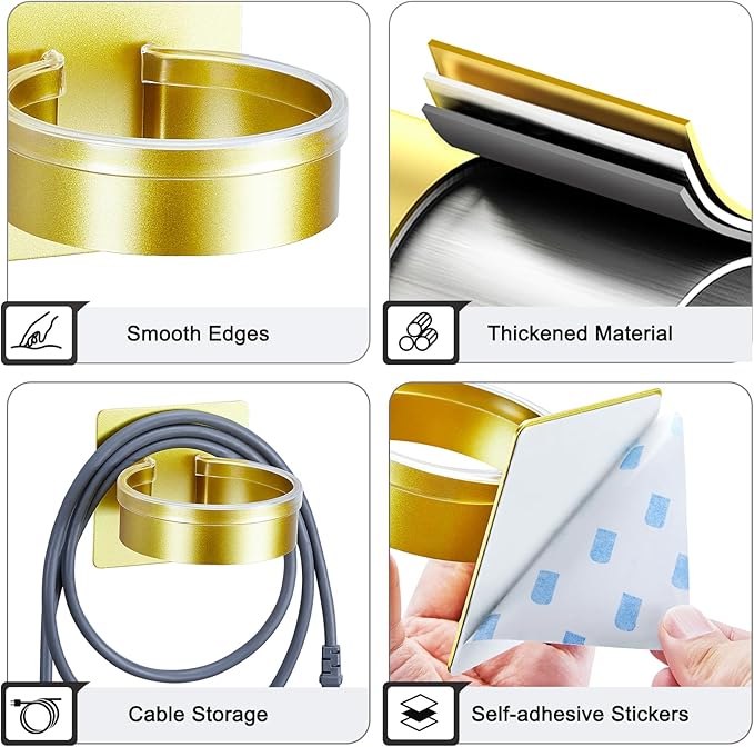 Hair Dryer Holder Wall Mounted, Blow Dryer Holder, Hair Tool Organizer for Hair Dryer Storage Hanger, Adhesive Hairdryer Holder for Bathroom Barber Shop (Gold)