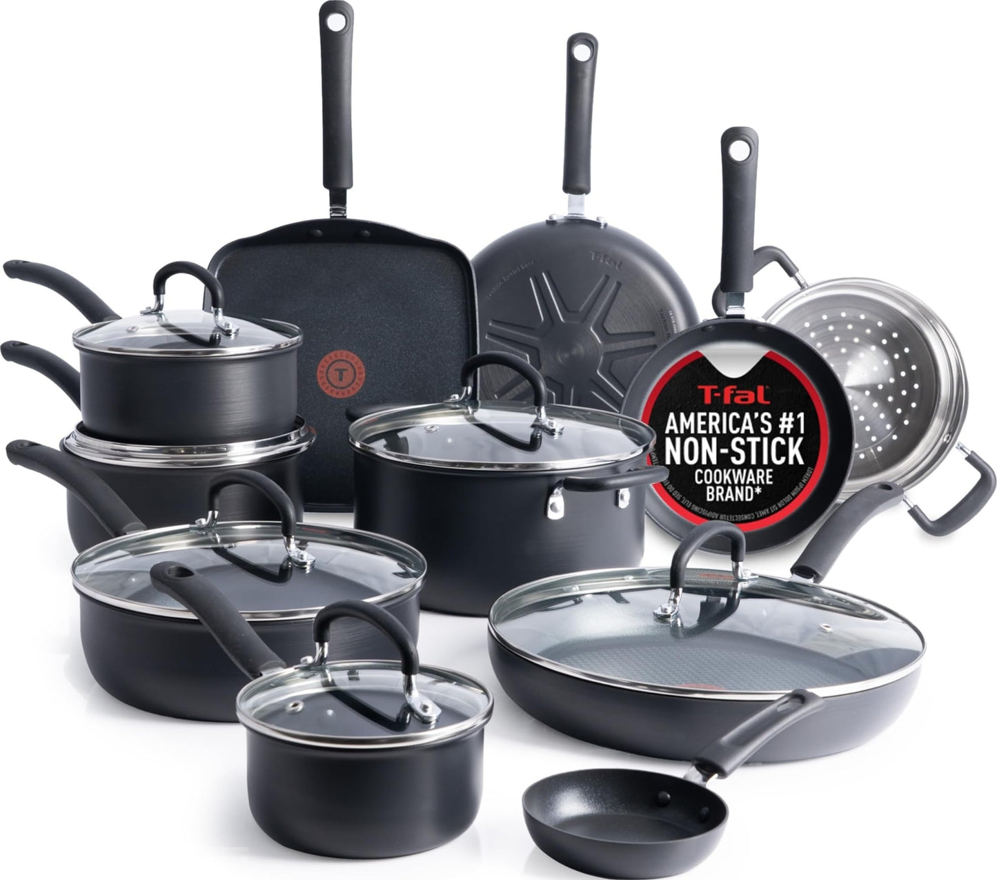 T-Fal Ultimate Hard Anodized Nonstick Pots and Pans Set 17 Piece, Nonstick Cookware Set with Fry Pan, Saucepans, Saute-Pan, Griddle, Dishwasher Safe, Onyx