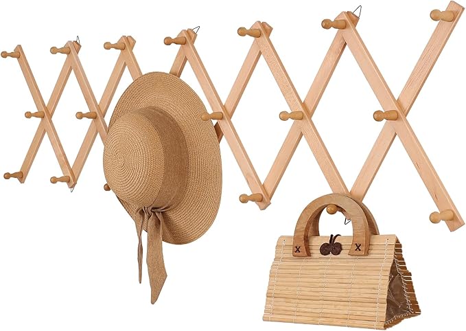 Wall Rack with 20 Hooks, Wooden Wall Expandable Coat Rack for Coat, Hats, Baseball Caps, Coffee Mug, Jewelry(Natural)