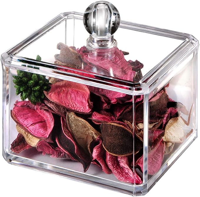 SheeChung Modern Square Acrylic Qtip Holder - Clear Apothecary Jar with Lid - Bathroom Vanity Storage Canister for Cotton Swabs, Balls, Pads - Compact Makeup Sponge Organizer