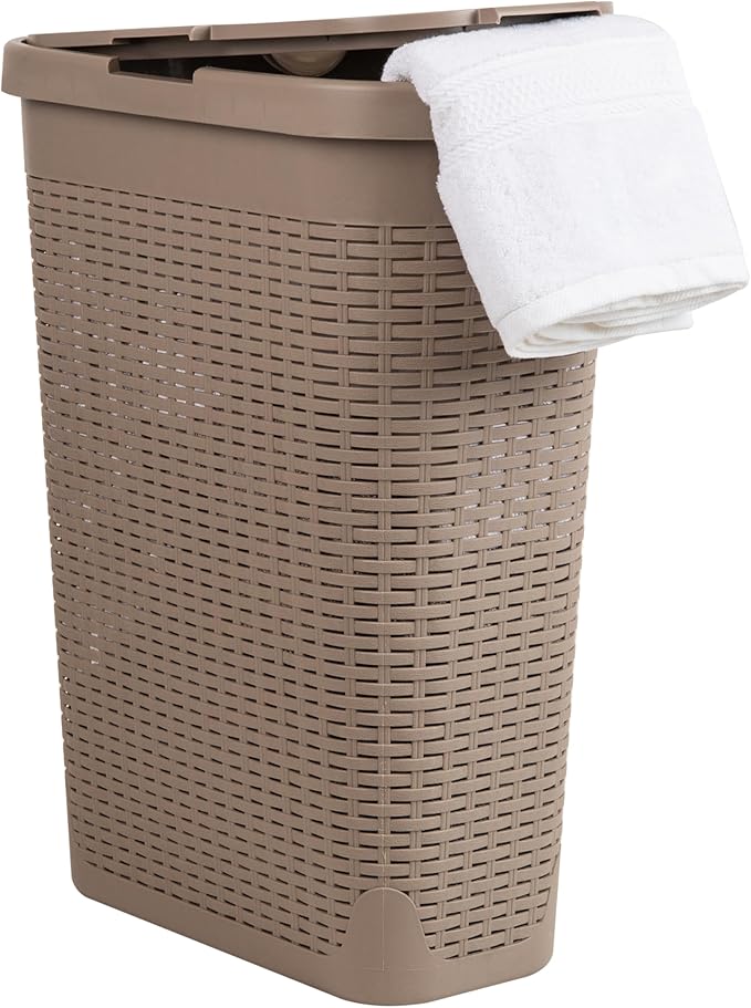 Mind Reader Slim Laundry Hamper with Lid, 40L Clothes Basket, Premium Wicker Design, Plastic, Tan