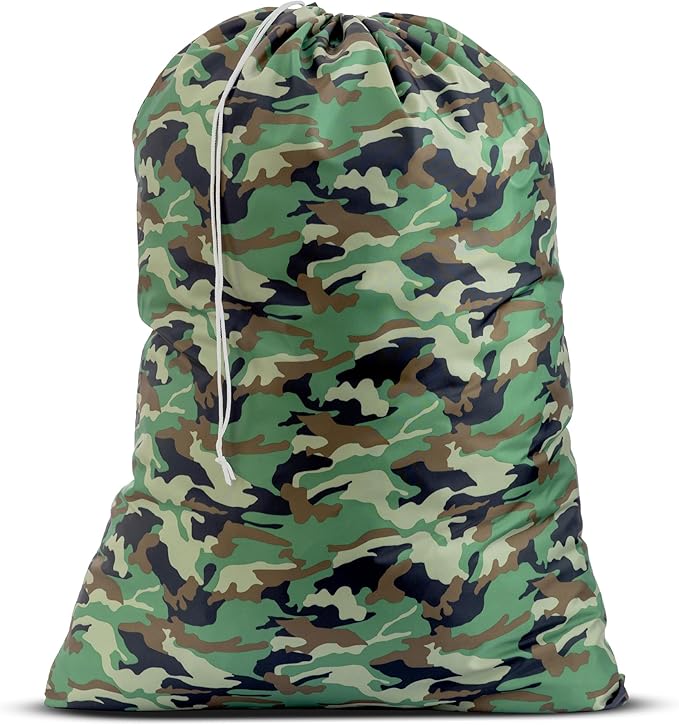 Nylon Laundry Bag - Locking Drawstring Closure and Machine Washable. These Bags will Fit a Laundry Basket or Hamper and Strong Enough to Carry up to Three Loads of Clothes. (Camouflage)