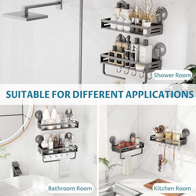 Onemake Shower Caddy Suction Cup, 2 Pack 11.8 inch Aluminum Suction Showers Organizer with Towel Bar & Hooks, Rustproof Shower Shelves, NO-Drilling Bathroom Shelf Storage Rack, Gray