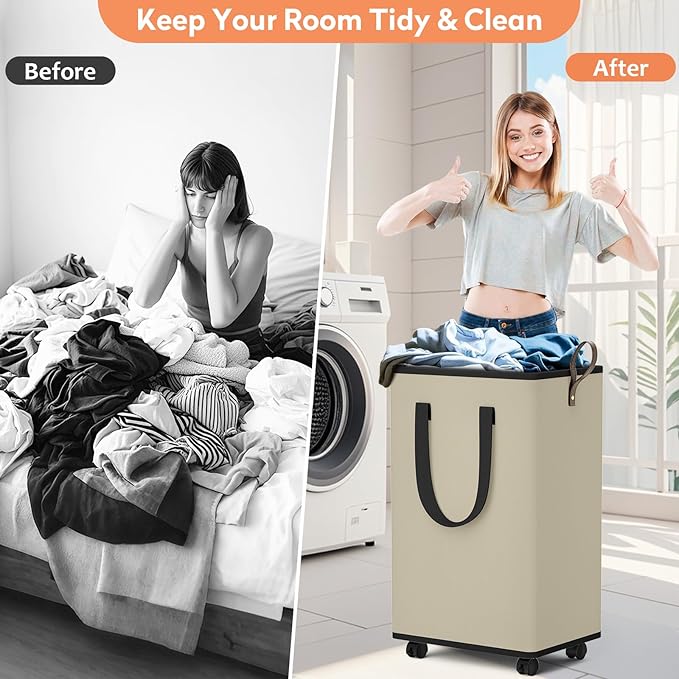 Laundry Basket with Wheels, Collapsible Laundry Baskets, Laundry Hamper with Handles Detachable Wheels, Rolling Laundry Basket, Dirty Clothes Hamper for Bathroom, Dorm, Bedroom, Beige, 80L