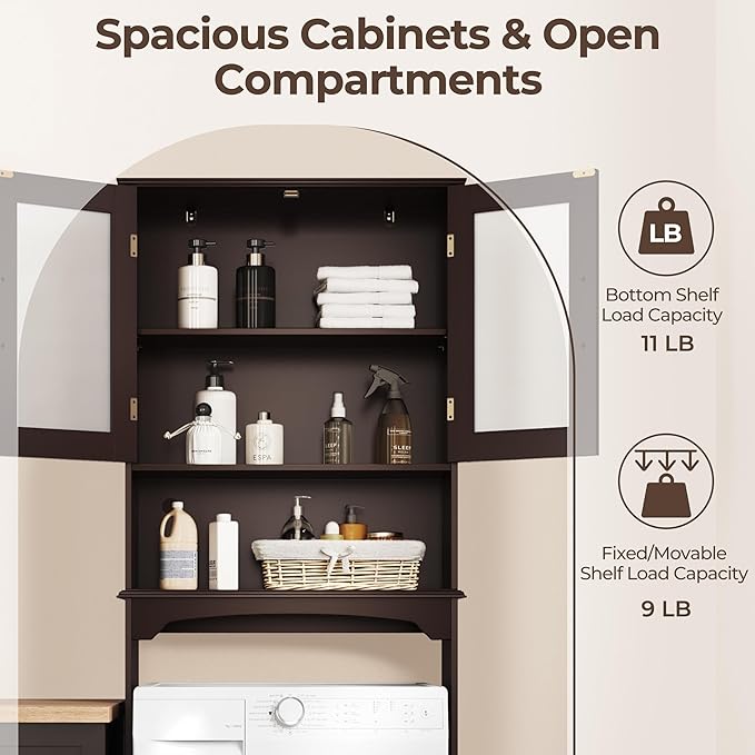Yaheetech Over The Toilet Storage Cabinet, Free Standing Toilet Rack with Adjustable Shelves and Tempered Glass Doors for Bathroom Washroom, Espresso