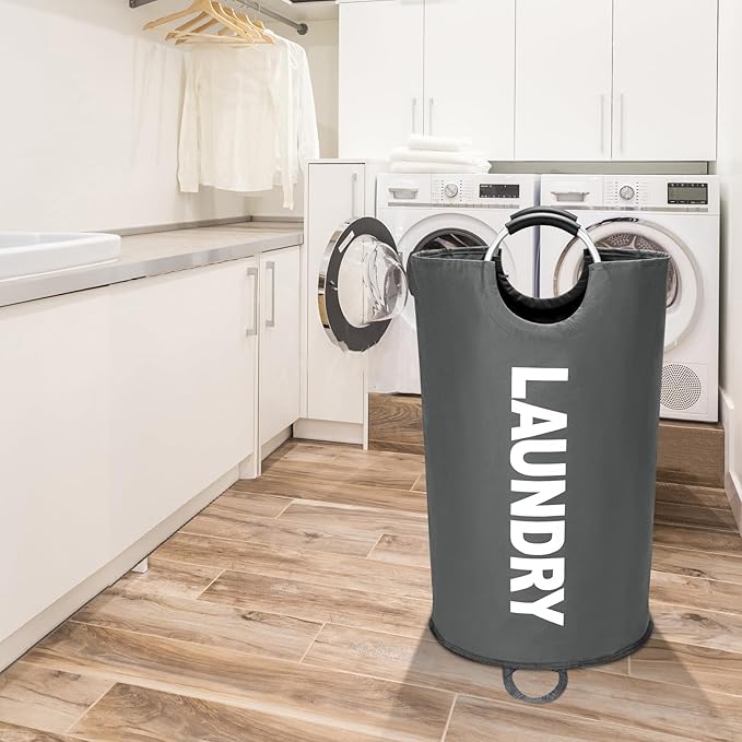 90L Large Laundry Basket, Freestanding Tall Clothes Hamper, Collapsible Laundry Bag, Dark Grey