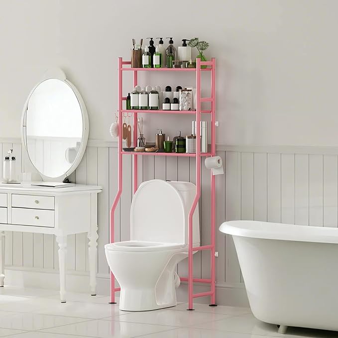 3-Tier Over The Toilet Storage with Paper Holder, Metal Bathroom Organizers and Storage for Small Space, Freestanding Bathroom Shelves with 4 Hooks, Above The Toilet Storage Shelf (Pink)