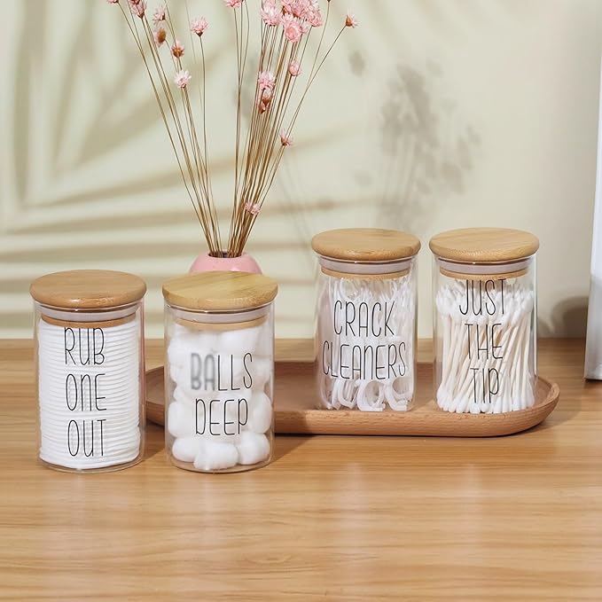 4 Pack Qtip Holder Glass Dispenser with Bamboo Lids for Bathroom Organization, Apothecary Jars for Cotton Ball Holder and Bathroom Canister Storage Great for Cotton Swabs, Balls, Floss, Bathroom Décor