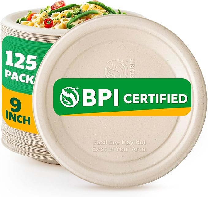 Joyborn Heavy Duty Compostable Paper Plates 9 Inch, Natural, 125 Pack