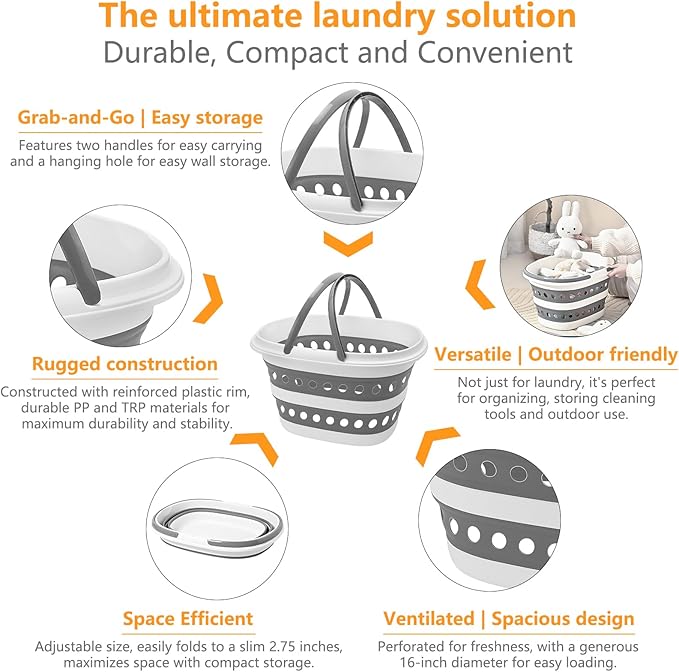 2 Pack Compact Collapsible Laundry Basket, Small Size Pop-Up Hamper Perfect for Bedroom Side,Bathroom,Travel, Not for Large Families, Foldable with Handle, Measures 16 x 12.5 x 9.5 In, (Gray)