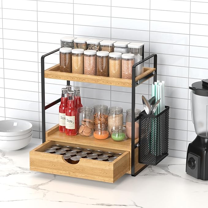 LEMIKKLE 2-Tier Bathroom Organizer with Drawers and Baskets, Multi-Purpose Makeup Organizer Countertop, Large Skincare Organizers, Exquisite Vanity Organizer,Wood