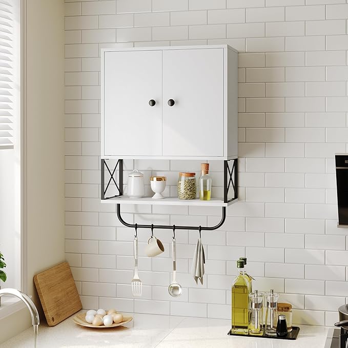 Bathroom Wall Cabinet with 2 Door and Adjustable Shelf, Farmhouse Medicine Cabinet with Towel Rack, 3-Tier Wall Mounted Storage Cabinet Over The Toilet for Bathroom, 18.9" L, White