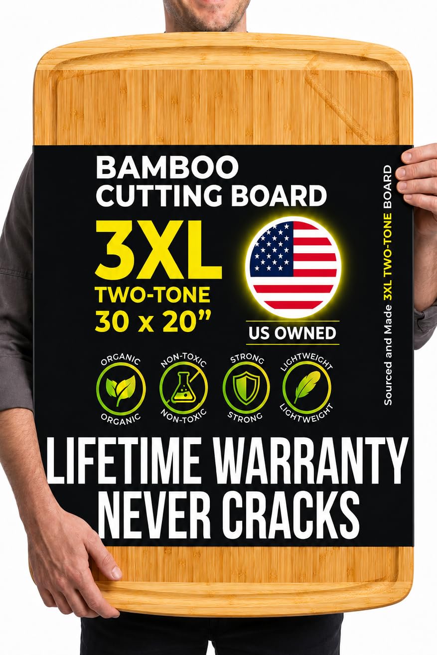 ENORMOUS 30 x 20 Organic Extra Large Cutting Board with Lifetime Replacements – Wood Bamboo Chopping Board - Wooden Butcher Block Cutting Board for Carving Turkey, Grilling Brisket and BBQ