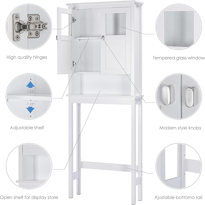 Spirich Bathroom Cabinet Over Toilet, Bathroom Storage Cabinet with Glass Doors and Adjustable Shelves, Over The Toilet Storage Cabinet, White