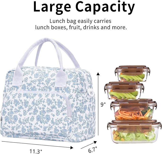 Lunch Bag Women Lunch Box for Women Adult Cute Insulated Lunch Bag Lager Cooler Lunch Tote Bags for Work Picnic (Blue-Floral)