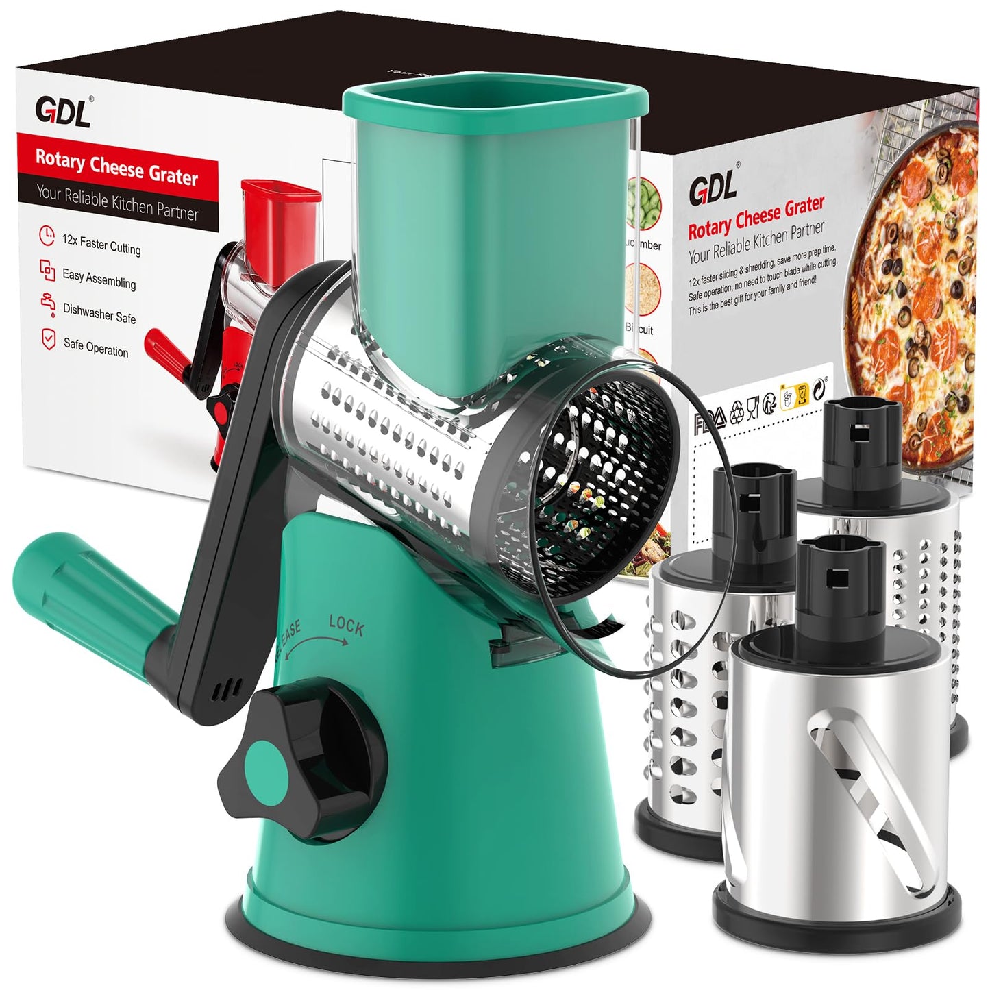GDL Cheese Grater Hand Crank, Rotary Cheese shredder, Vegetable Slicer