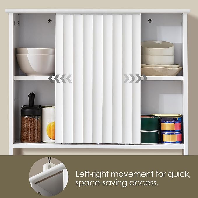 22.5 x 23.5 inch Bathroom Wall Cabinet, Medicine Cabinet Wall Mounted w/Fluted Sliding Door Adjustable Shelf White Storage Cabinet Organizer for Kitchen Dining Room Living Room