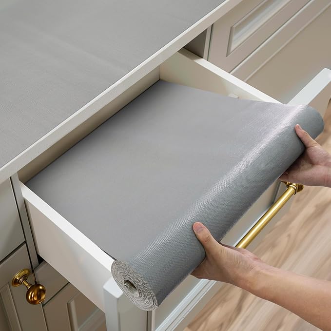 Shelf and Drawer Liner for Kitchen Cabinets Non-Adhesive, Strong Grip Non-Slip Thickened Cabinet Liners for Shelves, Waterproof Mats for Dresser Cupboard, Pure Gray, 12 in x 30 Feet