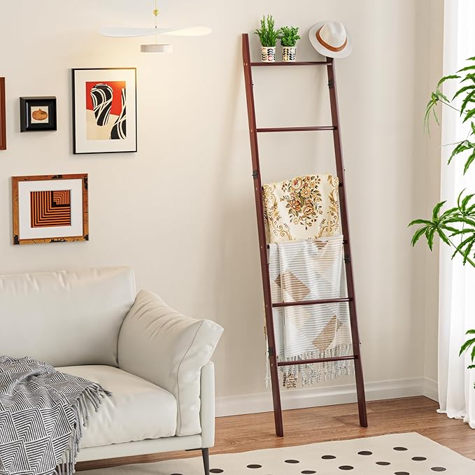 BAMBANG 6-Tier Blanket Ladder for Living Room, Blanket Quilt Ladder Rack Rustic Decorative Towel Holder, Wall Leaning Blanket Ladder Shelf Storage Farmhouse Decor for Bedroom Bathroom, Brown